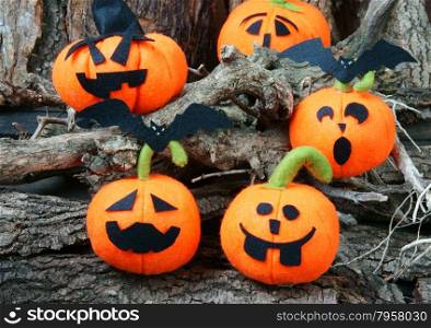 Amazing halloween background in red color, group of handmade pumpkin on night, light from candle make scary, horror symbol, halloween is tradition season
