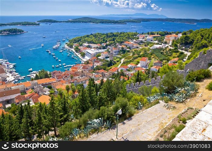 Amazing historic town of Hvar aerial view, with Paklenski islands sailing destination, Dalmatia, Croatia