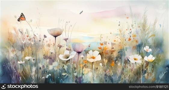 Amazing landscape painted watercolor style with wild grass, butterflies flying and many flowers. Generative AI
