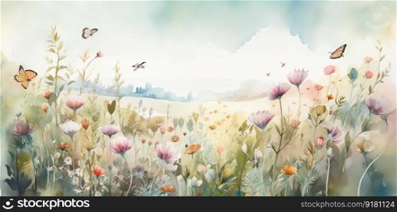 Amazing landscape painted watercolor style with wild grass, butterflies flying and many flowers. Generative AI