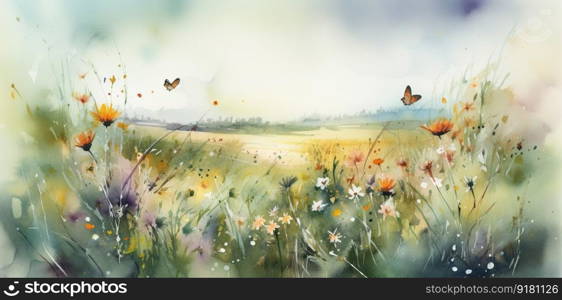 Amazing landscape painted watercolor style with wild grass, butterflies flying and many flowers. Generative AI