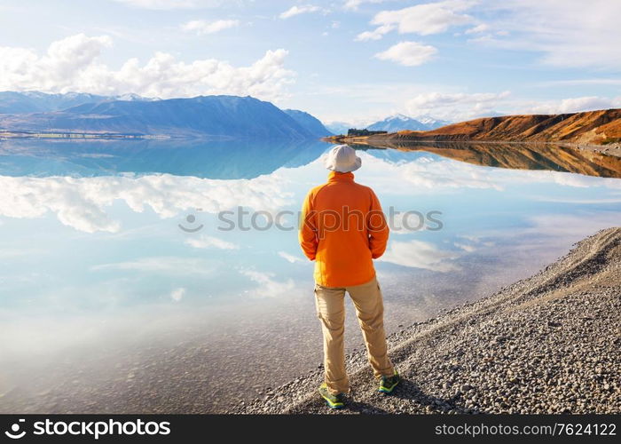 Amazing natural landscapes in New Zealand. Mountains lake at sunset.