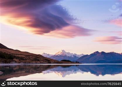 Amazing natural landscapes in New Zealand. Mountains lake at sunset.