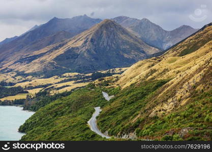 Amazing natural landscapes in New Zealand. Mountains lake at sunset.