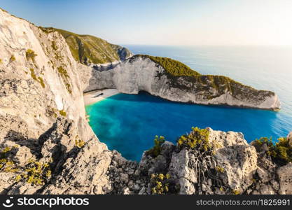 Amazing Navagio beach with shipwreck on Zakynthos island. Ionian sea, Greece.