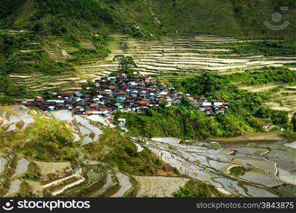 Amazing panorama view of rice terraces fields and village houses in Ifugao province mountains. Banaue, Philippines UNESCO heritage