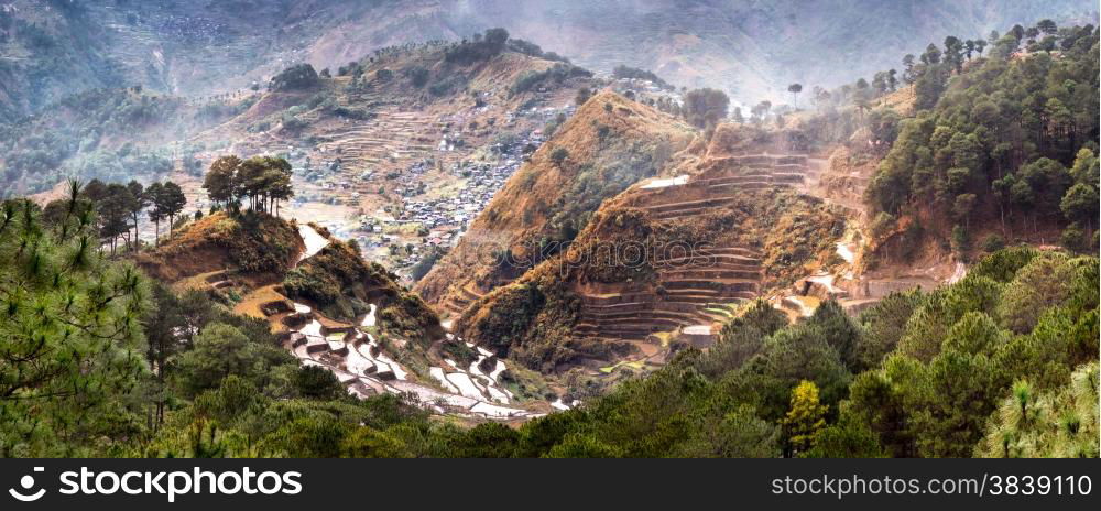 Amazing panorama view of rice terraces fields in Ifugao province mountains. Banaue, Philippines UNESCO heritage