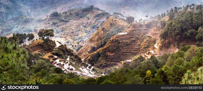 Amazing panorama view of rice terraces fields in Ifugao province mountains. Banaue, Philippines UNESCO heritage