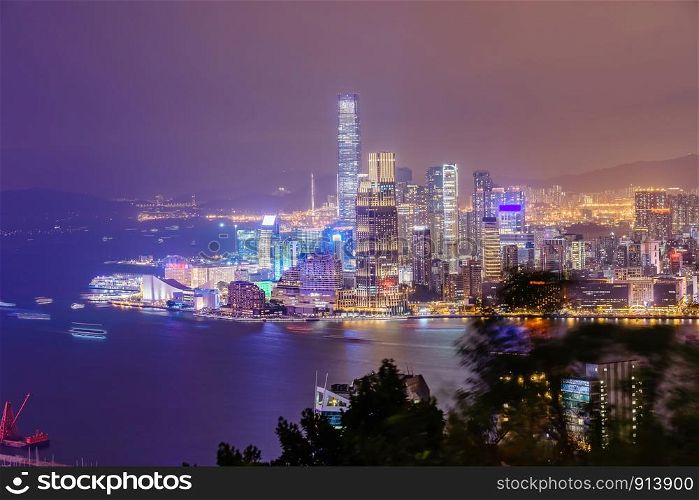Amazing panoramic view of Hong Kong city skyline before sunset. Viewpoint from Braemar Hill peak, Hong Kong.