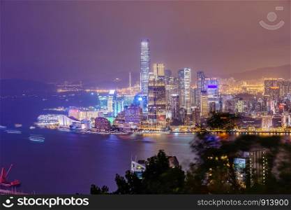 Amazing panoramic view of Hong Kong city skyline before sunset. Viewpoint from Braemar Hill peak, Hong Kong.
