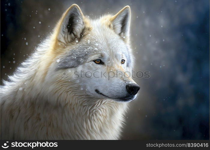 Amazing portrait of an arctic Wolf in the Snow on a black natural background. Generative AI