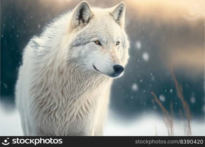 Amazing portrait of an arctic Wolf in the Snow on a black natural background. Generative AI