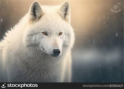 Amazing portrait of an arctic Wolf in the Snow on a black natural background. Generative AI