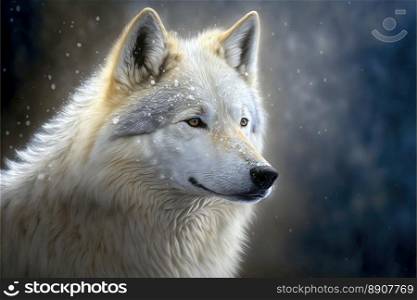 Amazing portrait of an arctic Wolf in the Snow on a black natural background. Generative AI