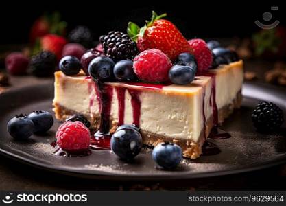 Amazing raspberry Cheese cake, dripping chocolate, Generative AI