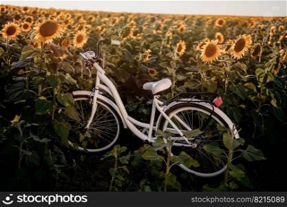 Amazing retro styled white bicycle in blooming sunflowers field at sunset background. Atmospheric scene, vintage photo. High quality photo. Amazing retro styled white bicycle in blooming sunflowers field at sunset background. Atmospheric scene, vintage photo