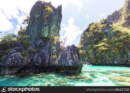 Amazing scenic view of sea bay and mountain islands, Palawan, Philippines