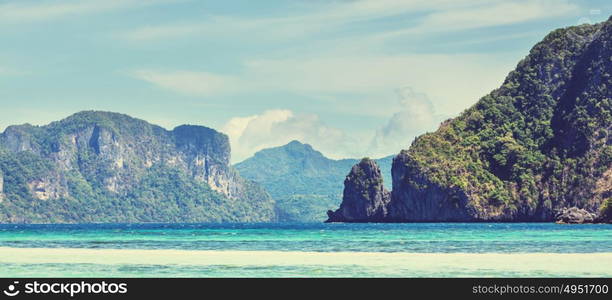 Amazing scenic view of sea bay and mountain islands, Palawan, Philippines