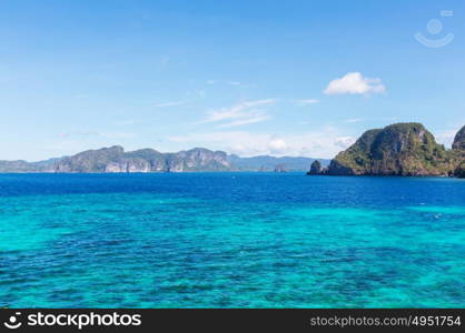 Amazing scenic view of sea bay and mountain islands, Palawan, Philippines