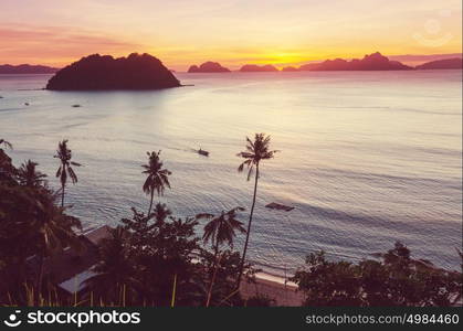 Amazing scenic view of sea bay and mountain islands, Palawan, Philippines