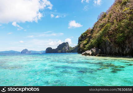 Amazing scenic view of sea bay and mountain islands, Palawan, Philippines holiday serenity beautiful tropical nature