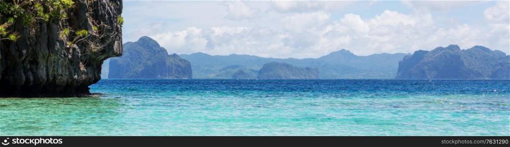 Amazing scenic view of sea bay and mountain islands, Palawan, Philippines holiday serenity beautiful tropical nature