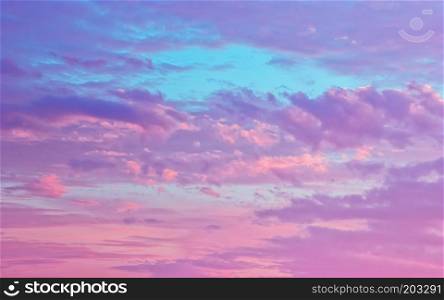 Amazing sky background - pink and serene fluffy cumulus clouds in the blue sky. Season of the white nights. The Republic of Karelia, Russia.. Pink And Serene Fluffy Cumulus Clouds In The Sky