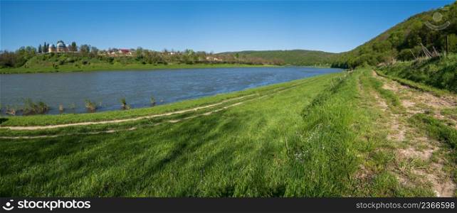 Amazing spring view on the Dnister River Canyon. View from Nezvysko village blossoming river coast,Ivano-Frankivsk region, Ukraine