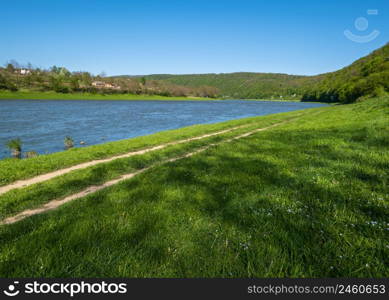 Amazing spring view on the Dnister River Canyon. View from Nezvysko village blossoming river coast,Ivano-Frankivsk region, Ukraine