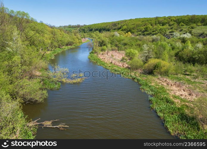 Amazing spring view on the Zbruch River, Ternopil and Khmelnytsky regions border, Ukraine.