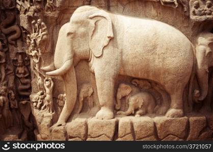 Amazing stone bas relief fragment with elephant in Mammallapuram, India, Tamil Nadu