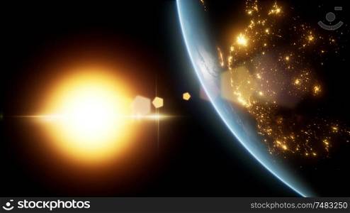 Amazing Sunrise Over The Earth. View Of Planet Earth From Space. Ultra High Definition. Realistic 3d Animation. Amazing Sunrise Over The Earth. View Of Planet Earth From Space
