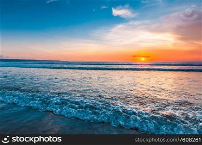 Amazing sunset from Bali Double Six beach surf waves and colorful clouds. Amazing sunset from Bali beach