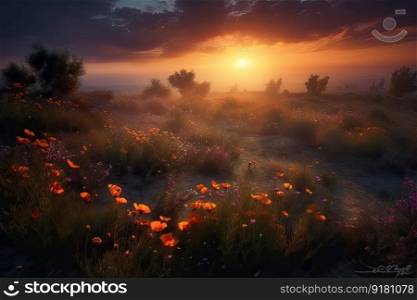 Amazing sunset over a beautiful landscape full of flowers. Ge≠rative AI