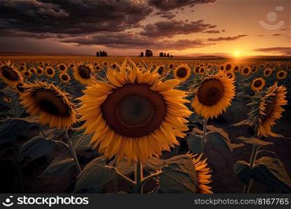 Amazing sunset over a beautiful landscape of sunflowers. Generative AI