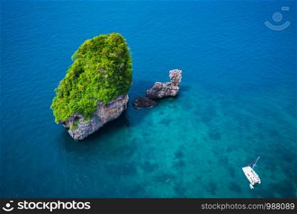 amazing Thailand hi season boats and tourists international on phi-phi island Krabi Thailand aerial view from drone camera