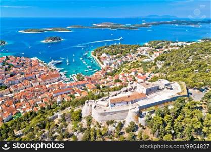 Amazing town of Hvar and Fortica fortress aerial view, Dalmatia archipelago of Croatia