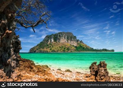 Amazing tropical landscape with Koh Tub island. Blue sky and turquoise ocean with limestone formation. Thailand, Krabi province, Ao Nang