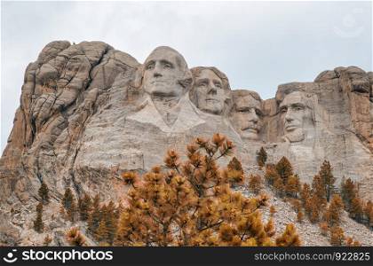Amazing view of Mount Rushmore on a overcast summer day, South Dakota.