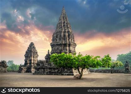 Amazing view of Prambanan Temple against sunrise sky. Great Hindu architecture in Yogyakarta. Java island, Indonesia