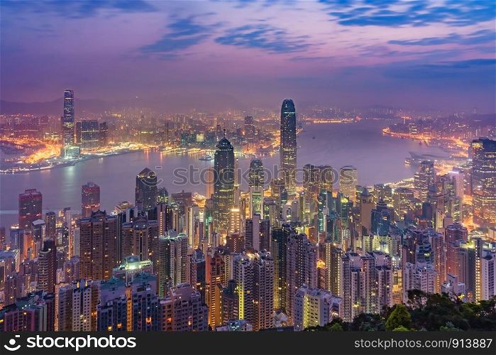Amazing view on Hong Kong city skyline from the Victoria peak, China