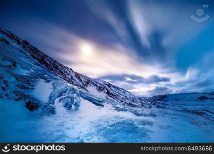 Amazing view on the Solheimajokull glacier, iced mountain covered with snow, beautiful winter landscape, Myrdalsjokull, Iceland, Scandinavia, Europe. Solheimajokull glacier