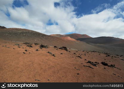 Amazing volcanic landscape and lava desert in Timanfaya national park, Lanzarote, canary islands, Spain.