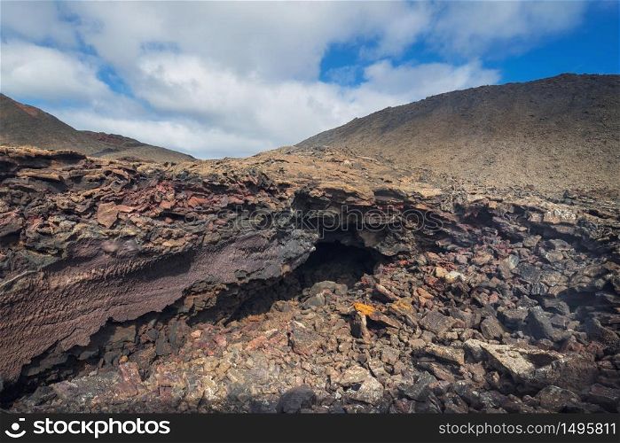 Amazing volcanic landscape. Geological lava detail in Timanfaya national park, Lanzarote, canary islands, Spain.