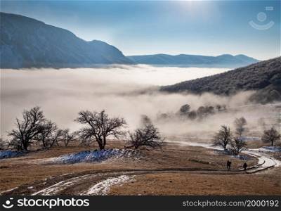 amazing winter landscape with fog and frosty trees in Rimetea Romania