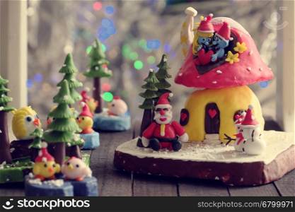 Amazing xmas background from clay art, snowman, owl, bird, christmas tree diy from clay material, wonderful craft to make Xmas ornament to decor in winter holiday