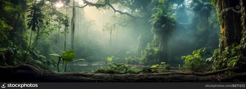 Amazon rainforest in mist in morning light