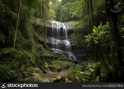 amazonsian waterfall, cascading over the forest floor, created with generative ai. amazonsian waterfall, cascading over the forest floor