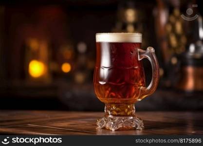 Amber beer ale in glass mug in tavern pub. Generative AI. High quality illustration. Amber beer ale in glass mug in tavern pub. Generative AI