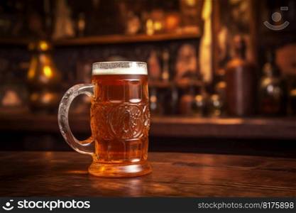 Amber beer ale in glass mug in tavern pub. Generative AI. High quality illustration. Amber beer ale in glass mug in tavern pub. Generative AI